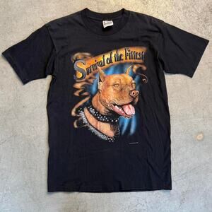 Vintage 90s Survival of the Fittest Pit Bull Dog Eagle Biker Graphic T Shirt M